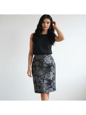 WHITE House Black Market skirt brocade black roses